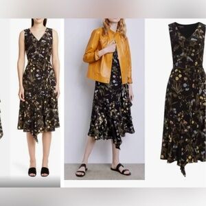 Lafayette Black handkerchief hem floral silk dress
